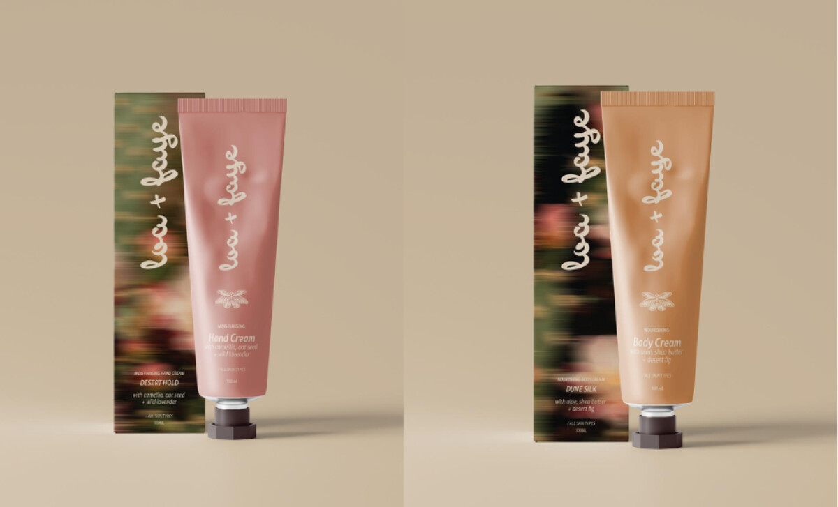 Loa and Faye body and hand cream packaging design by Joanne Anson.