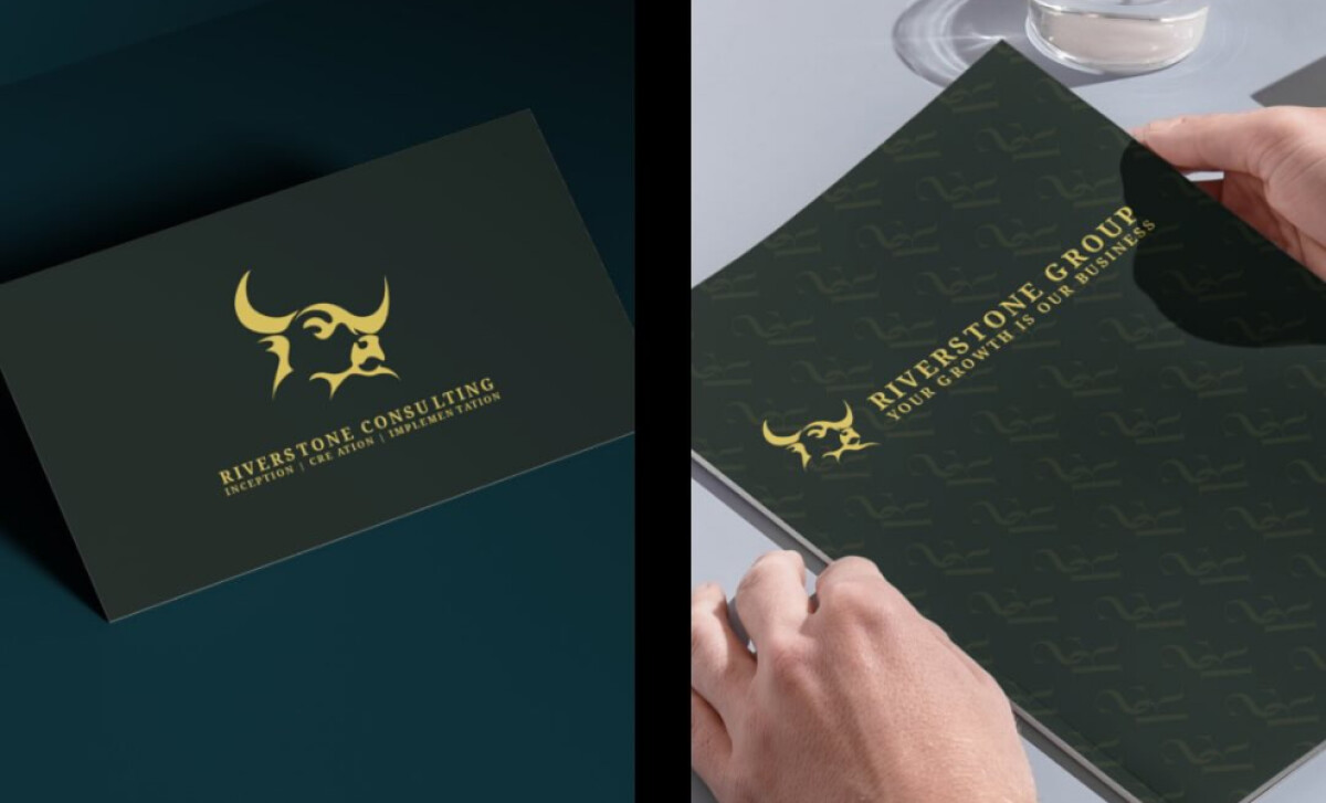 Riverstone Group logo on business card and brochure by Cenzia Studio.