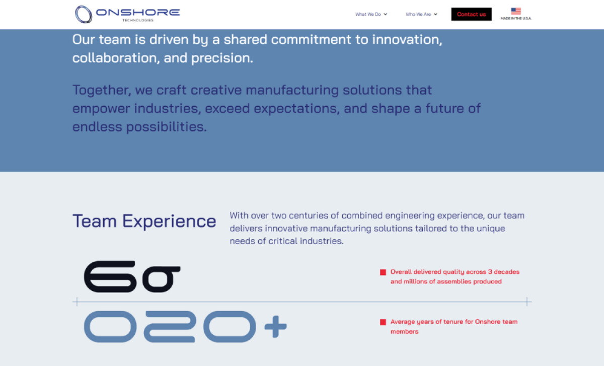 Onshore Technologies about page by Sauce Studios.