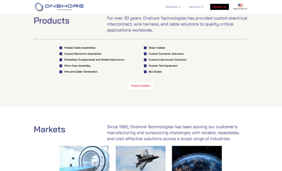 Onshore Technologies products page by Sauce Studios.