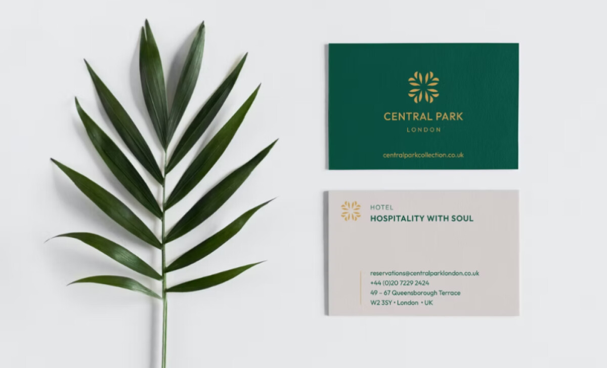 Two distinct Central Park Hotel business cards by Formato.