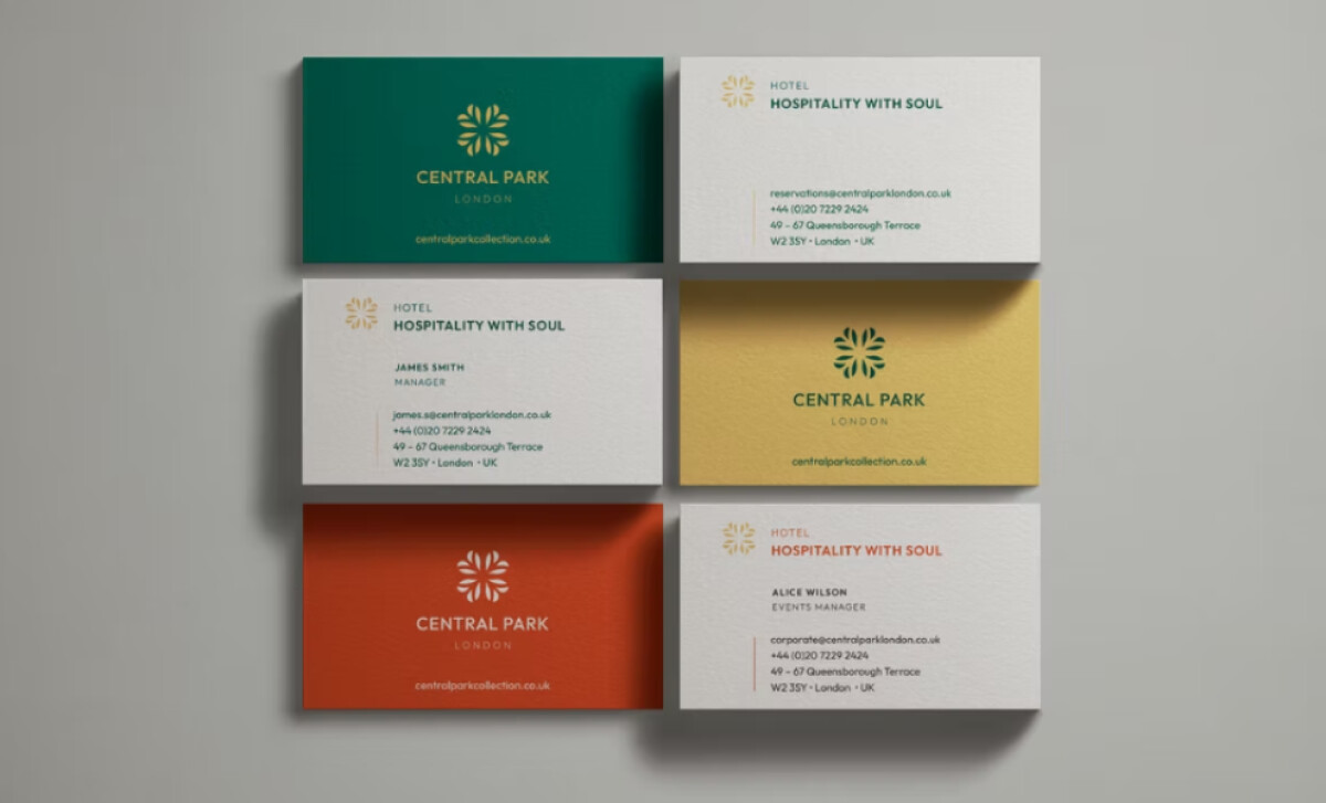A grid of six business cards for Central Park Hotel by Formato.