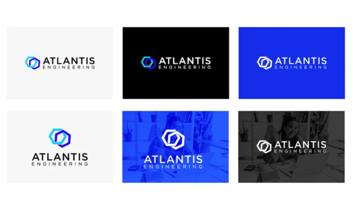 A grid displaying six applications of the Atlantis Engineering logo by Fanz Creative.