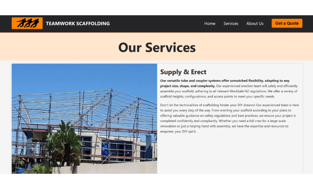 Teamwork Scaffolding services page by Robbie Kiwi.
