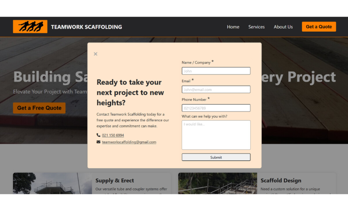 Teamwork Scaffolding contact form by Robbie.Kiwi.