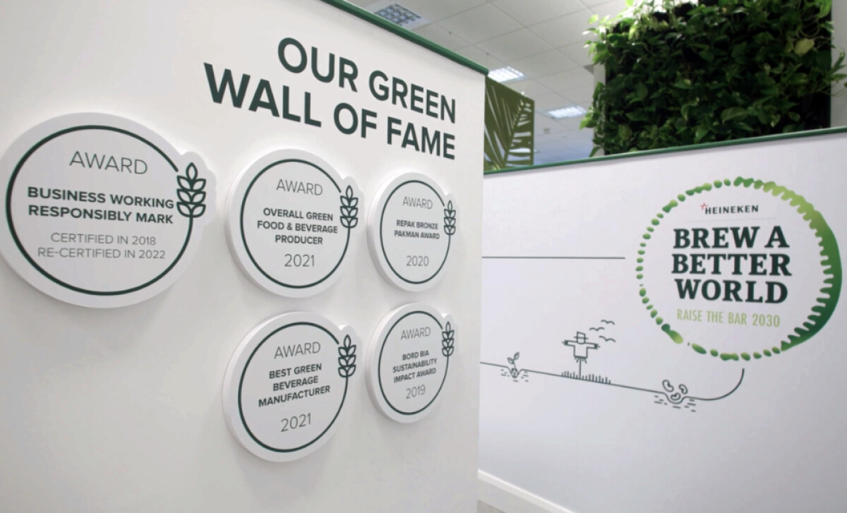 A display wall titled "Our Green Wall of Fame" by Coolgrey.