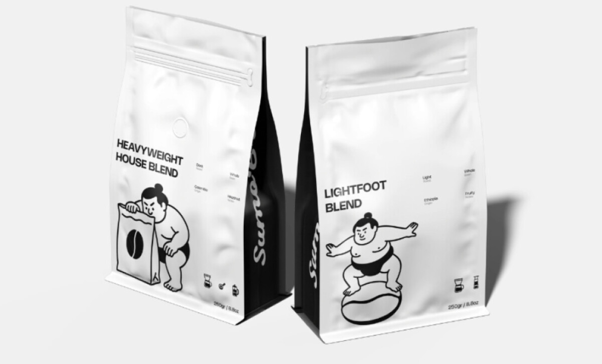 Two varieties of Sumo Brew coffee bags by Attlas Design.