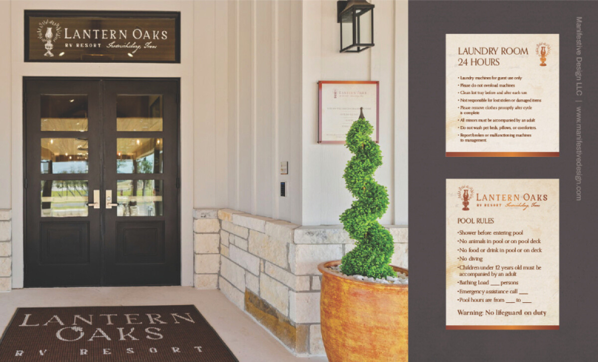 Lantern Oaks RV Resort branding examples: logo on building entrance, branded doormat, and signs for laundry and pool rules by Manifestive Design.