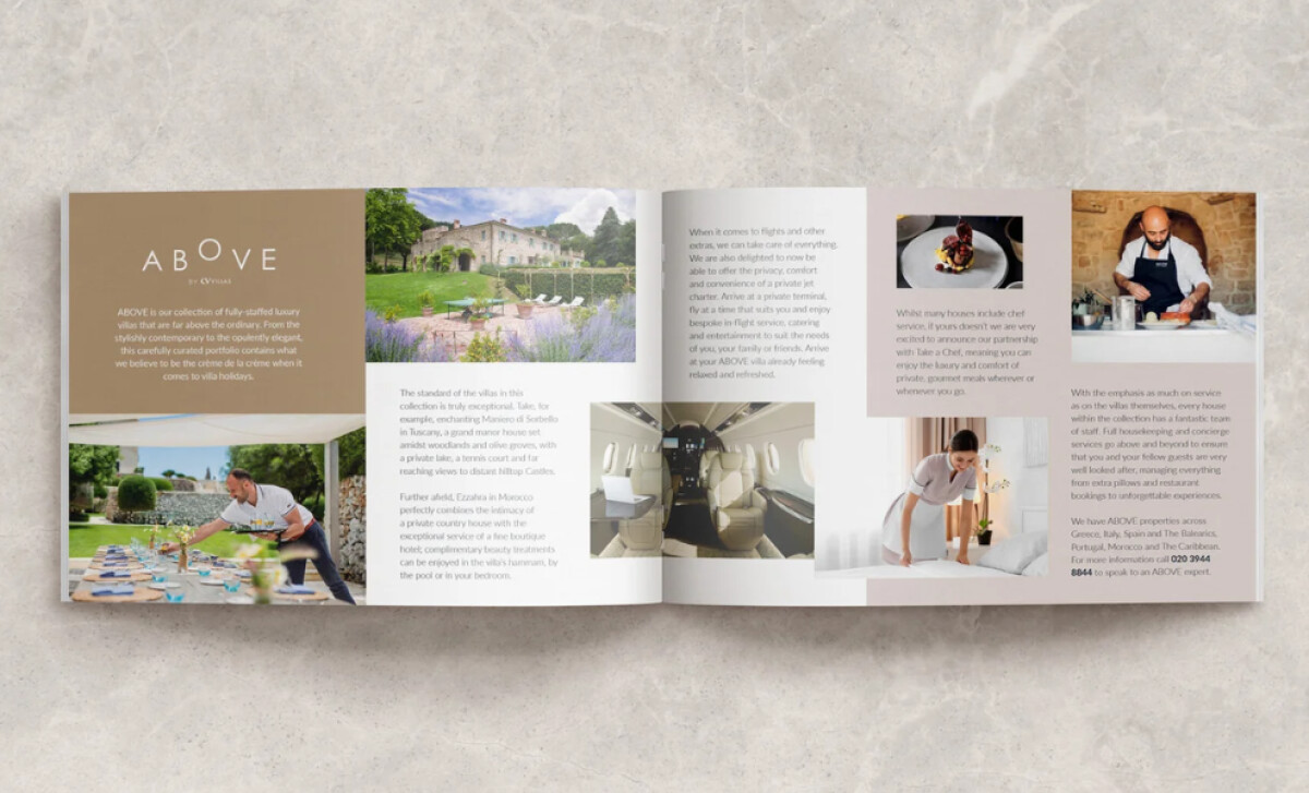 A brochure spread for the "ABOVE by CV Villas" luxury service by Wishcreative.