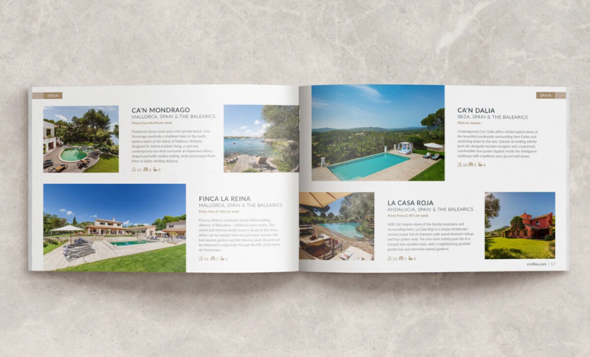 An open CV Villas brochure displaying four different luxury villa rentals in Spain by Wishcreative.