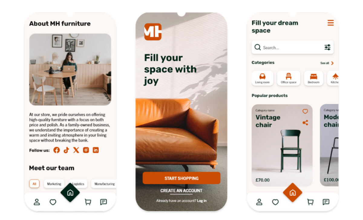 MH Furniture "About Us" page, the welcome screen with a leather sofa, and the main shopping page with product categories by MSTA Studio.