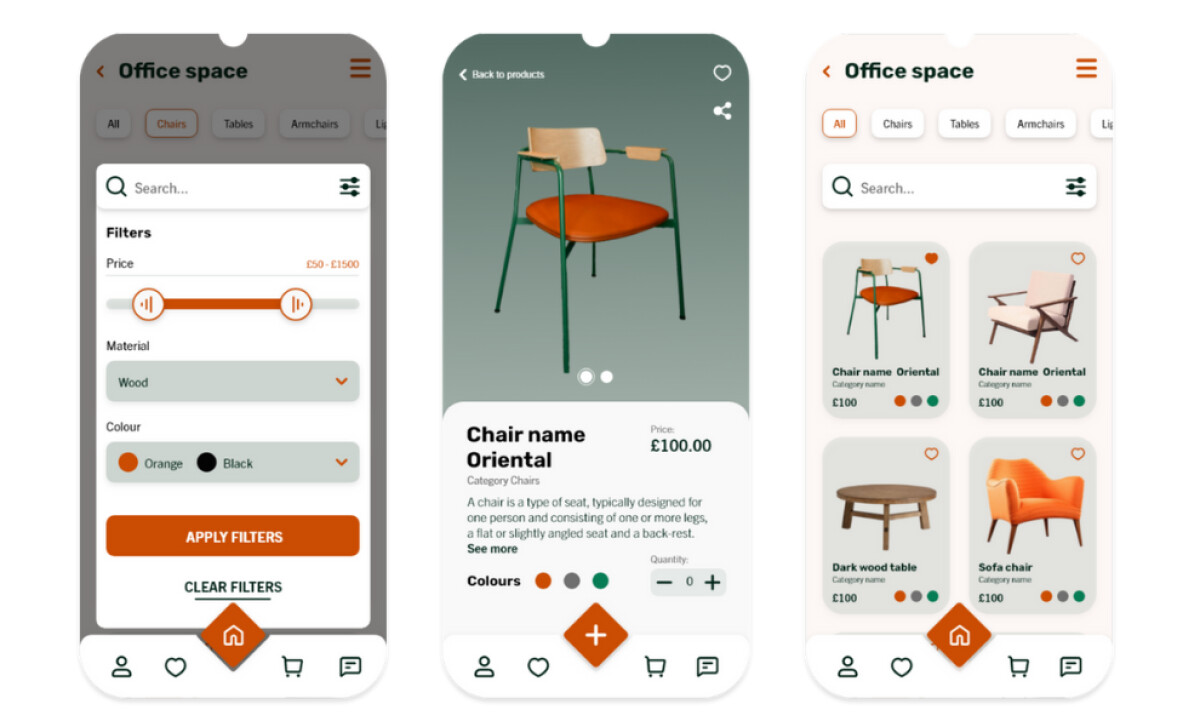 MH Furniture app demonstrating the shopping experience: applying product filters, viewing a specific chair's details, and browsing a grid of office chairs for sale by MSTA Studio.