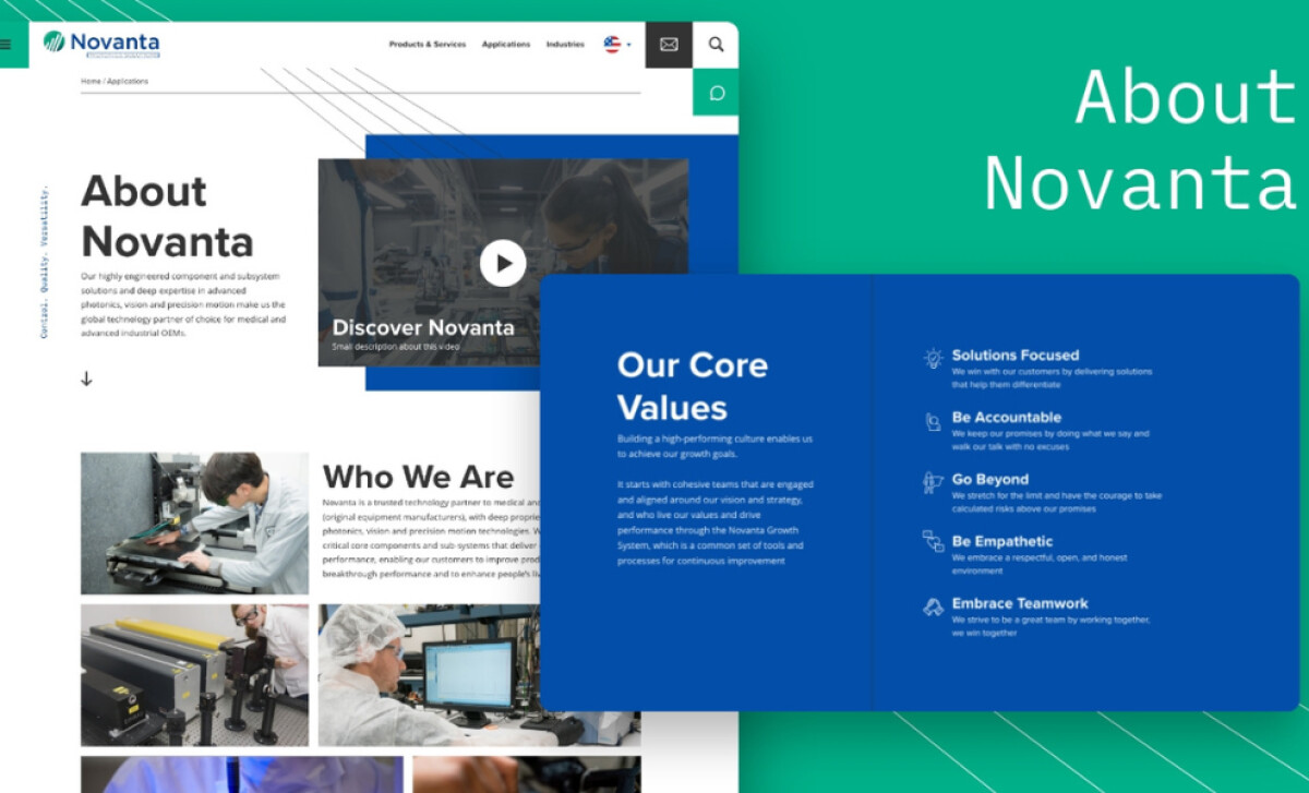 Novanta Photonics about page website design by GoingClear.