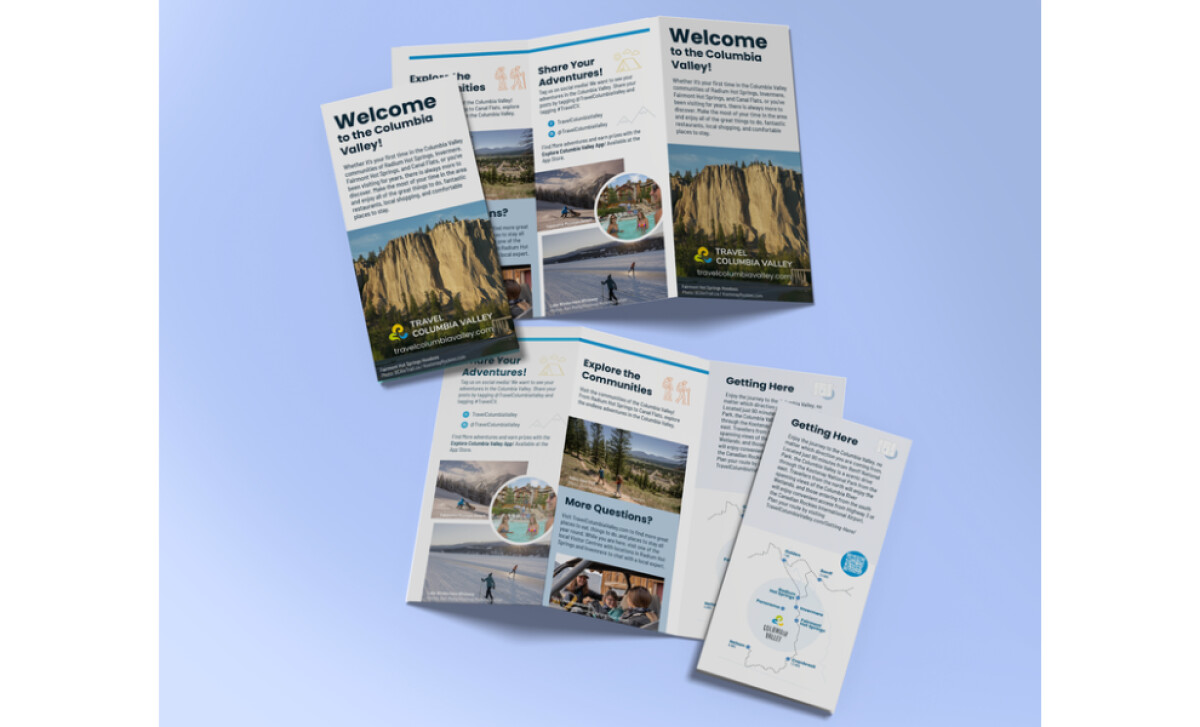 Two open copies of a tri-fold travel brochure by Angela Jeske.