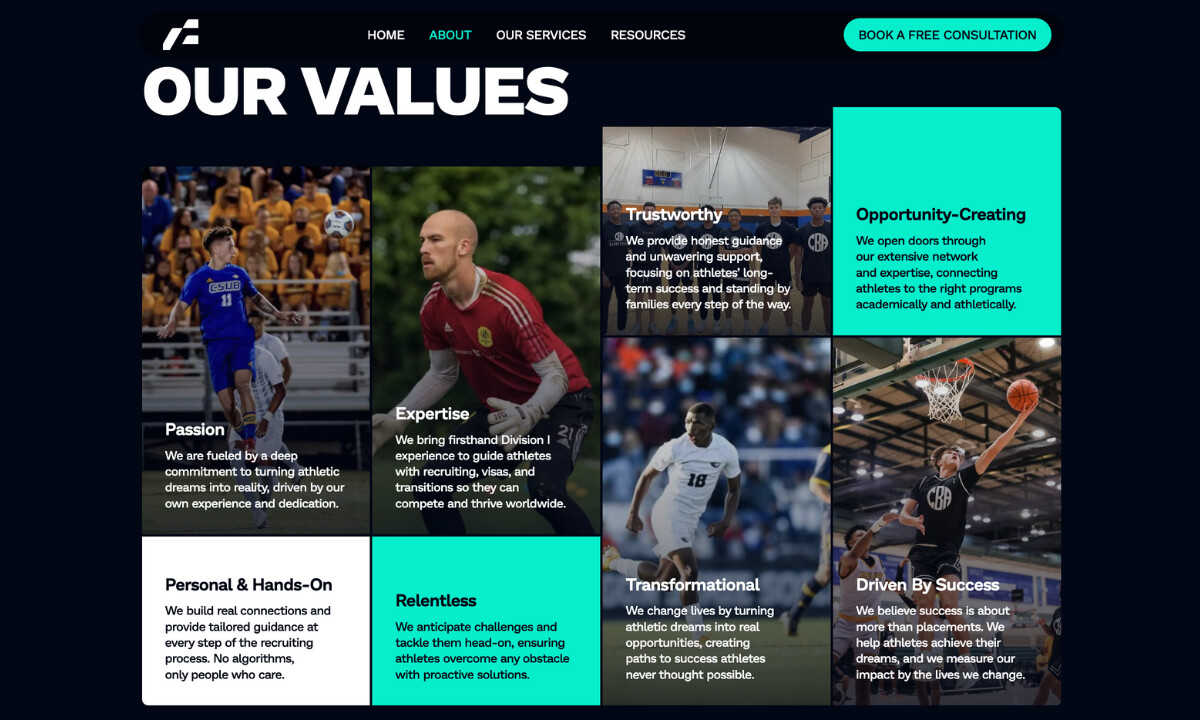 AllRecruit Website featuring custom font type Prodigy Sans and visual hierarchy on their Our Values page