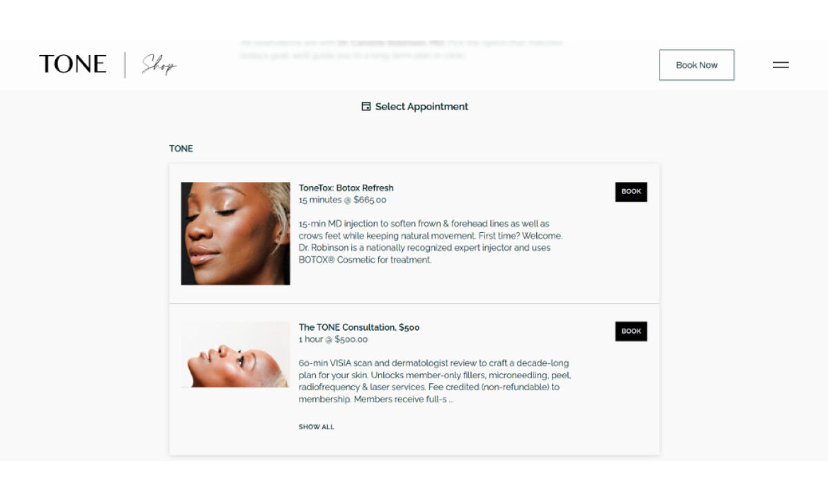 TONE Dermatology booking page