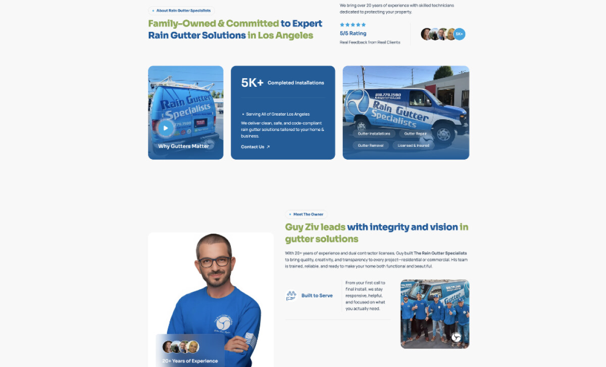 The Rain Gutter Specialists about us page by DelosWeb.