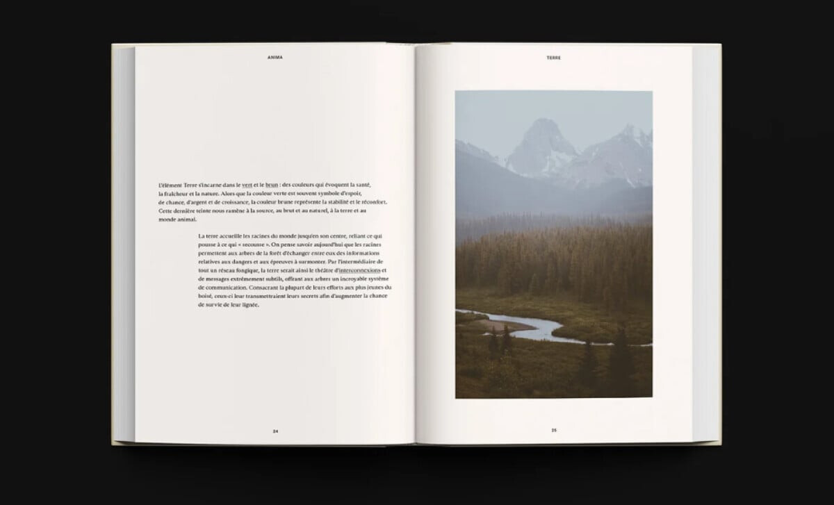 Anima open book layout contrasting a page of French text with a photograph of a serene mountain landscape by Mocci Studio.