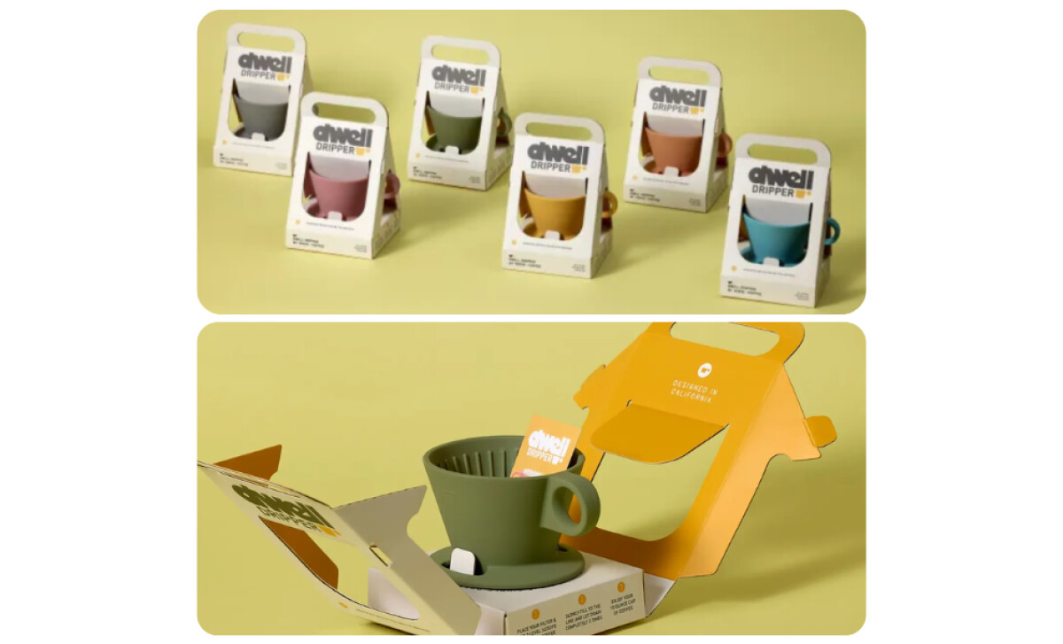 A two-part image showing the Dwell Dripper packaging by Zenpack.