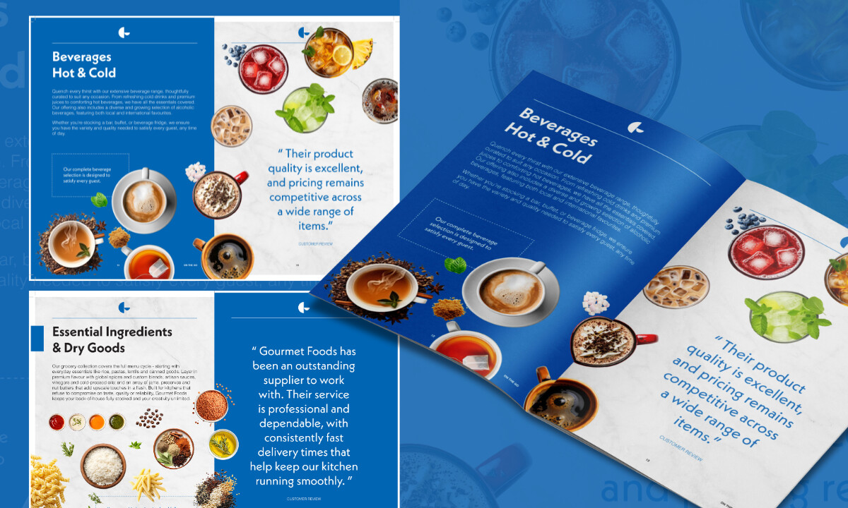 Gourmet Foods Blue Themed Pages Brochure by Elevation Design Agency