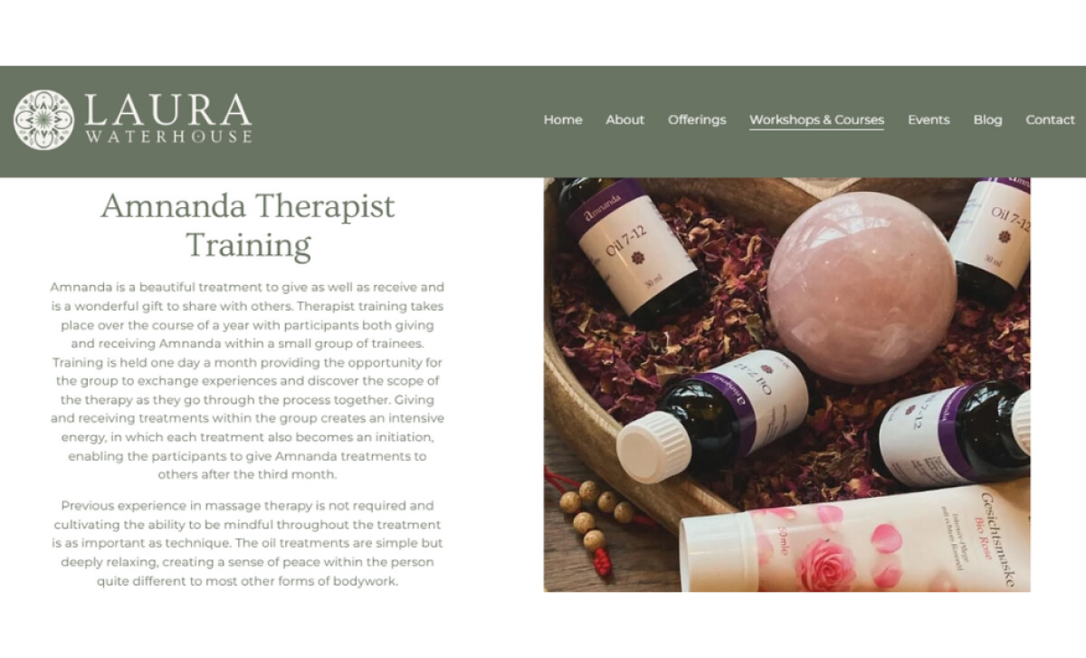 Laura Waterhouse workshops and courses page by Our New Earth Design Studio.