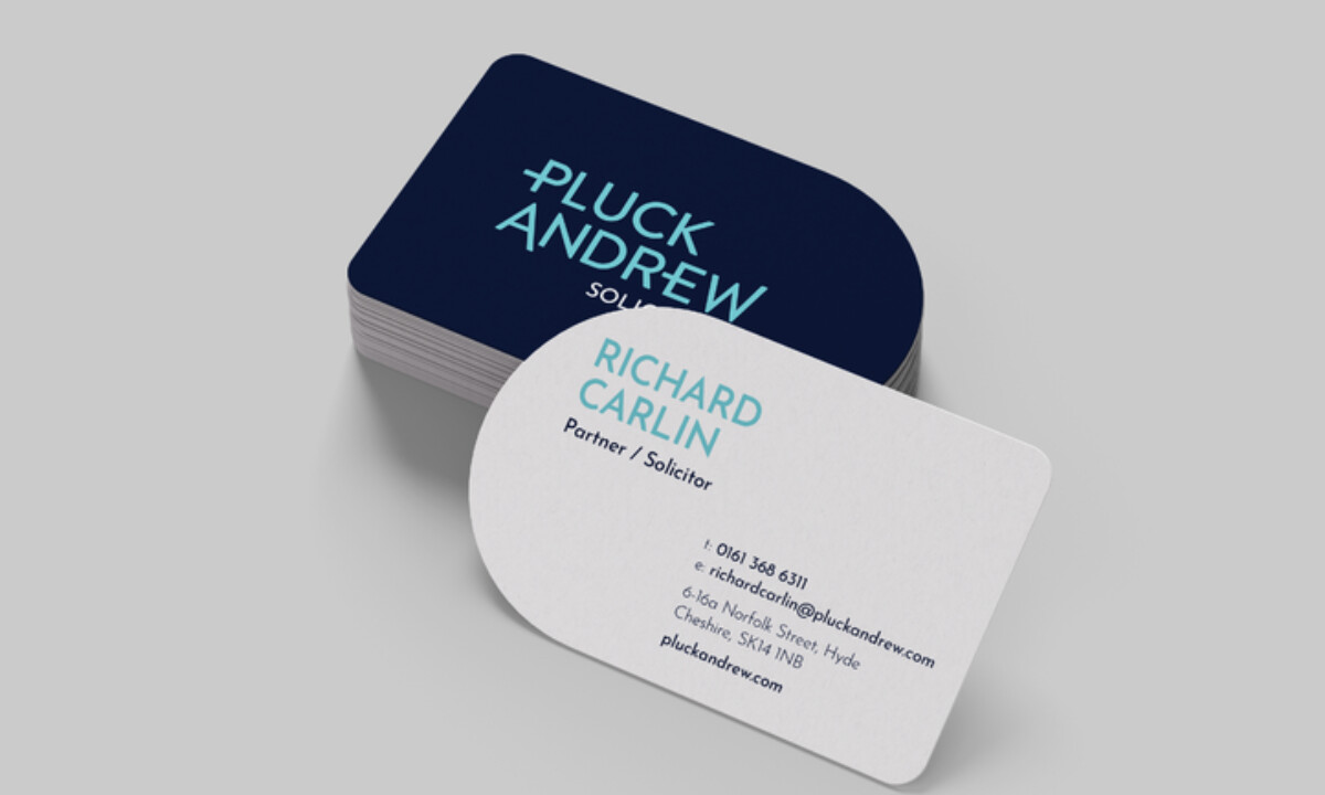 Pluck Andrew Solicitors logo on business cards by AS Partners.