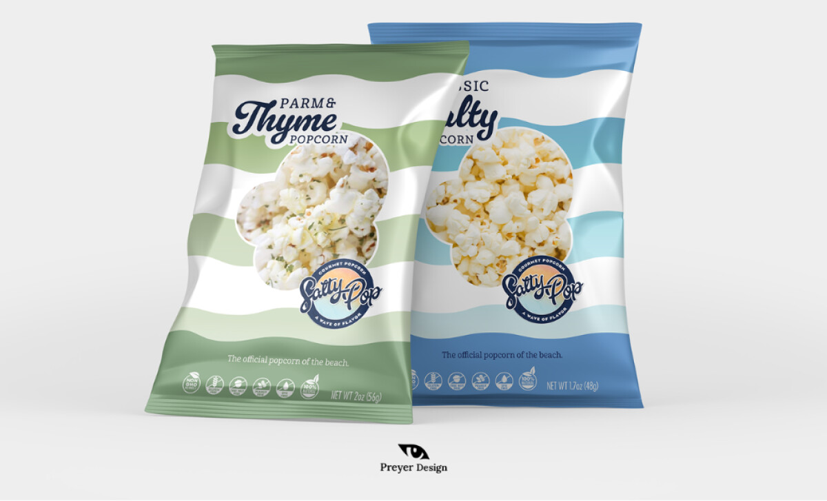 Salty Pop Popcorn parm & thyme packaging design by Preyer Design.