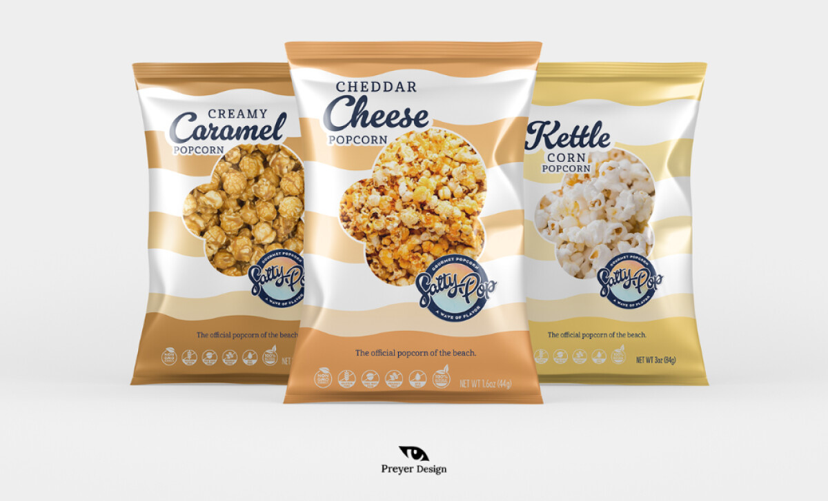 Salty Pop Popcorn caramel, cheddar and kettle corn packaging design by Preyer Design.