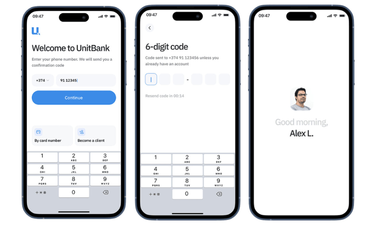 UnitBank interface pages in 3 mobile phone mockups