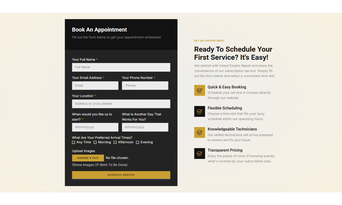 Inland Empire Repair Website Booking Page