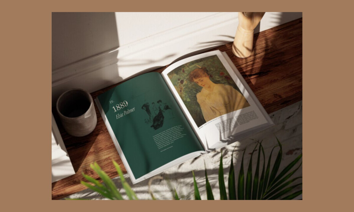 Open spread pairing refined typography with full-bleed classical artwork