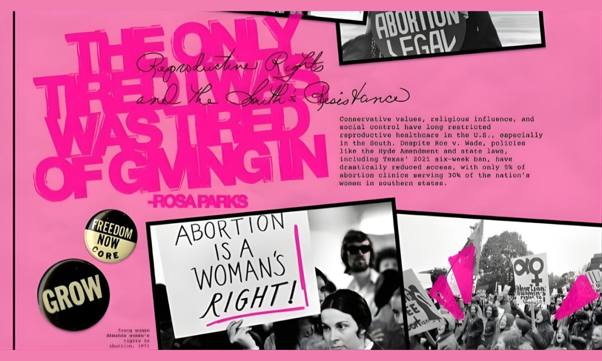 All-pink protest typography over archival imagery