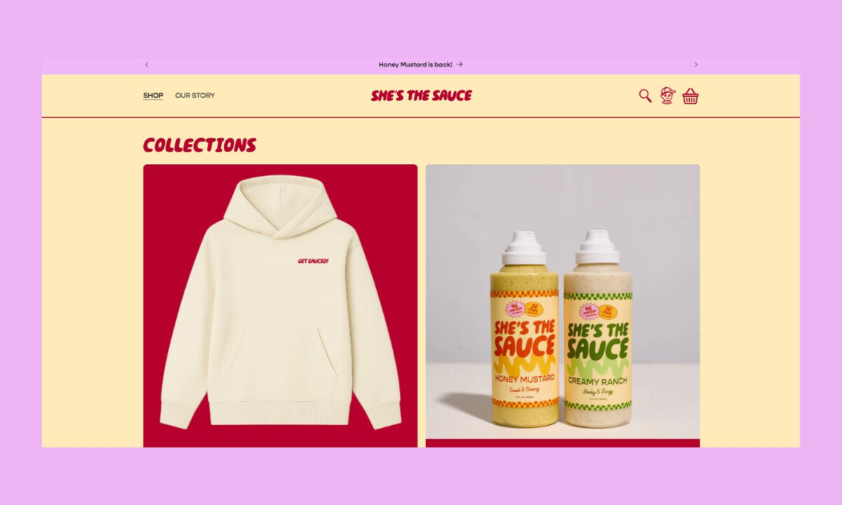 Playful product grid with bold color blocking and retro typography