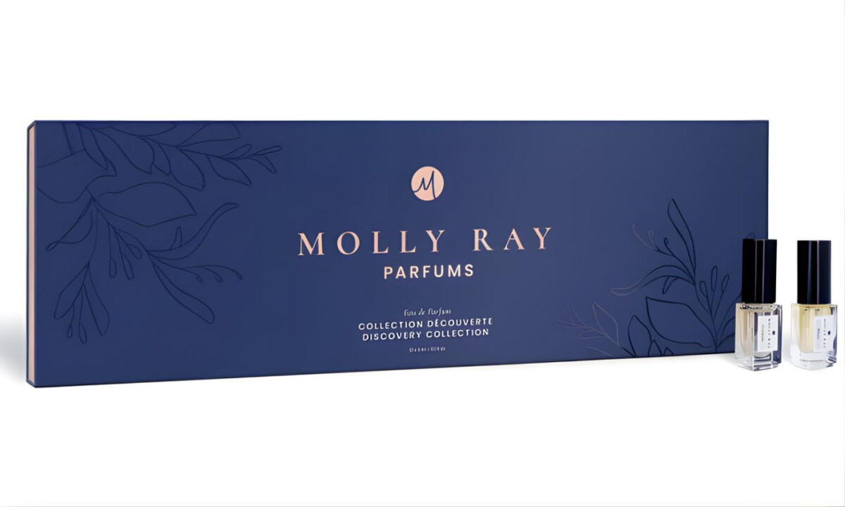 Navy discovery set box with understated botanical linework and sample vials