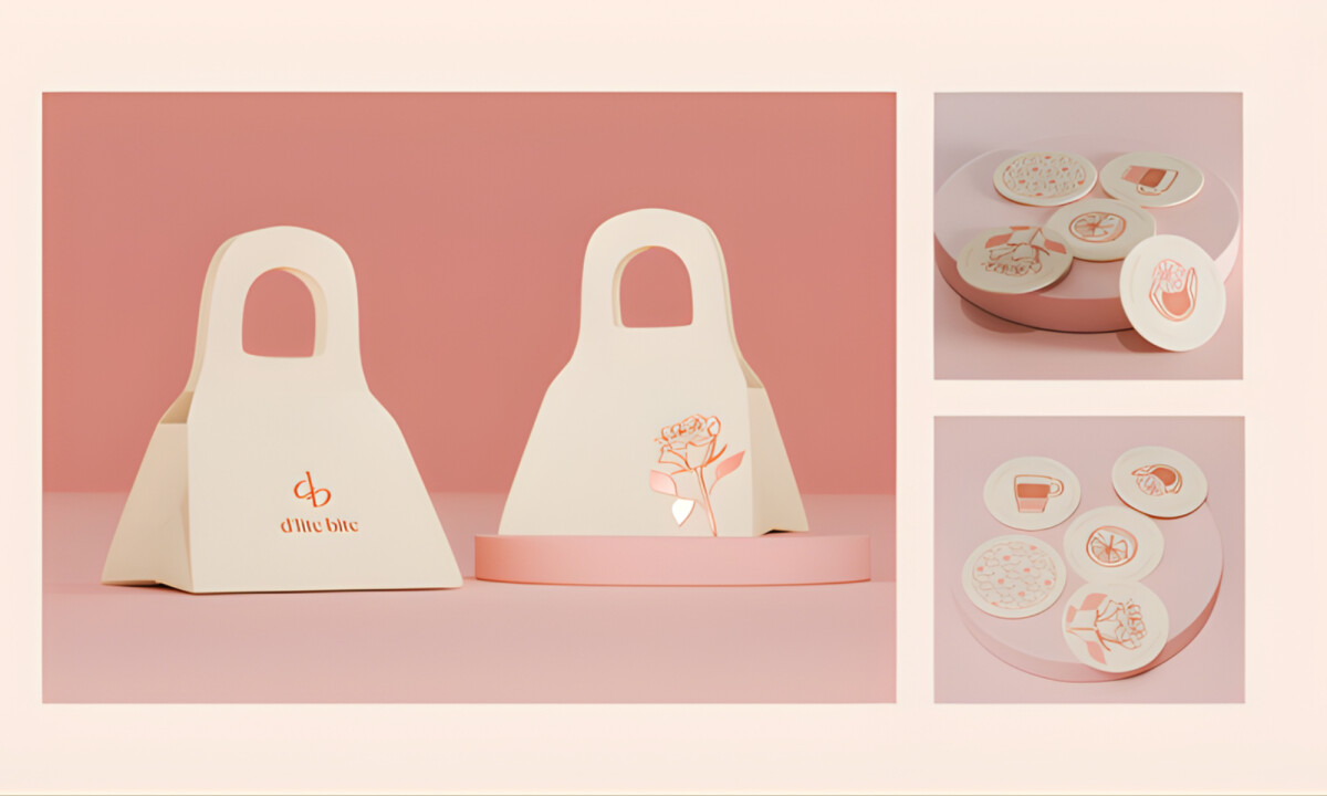 Handled takeaway boxes and illustrated seals in soft blush tones