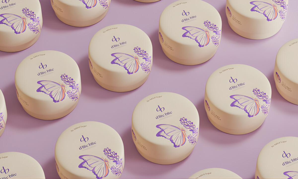 Rounded pastel containers with butterfly illustration and refined logo mark