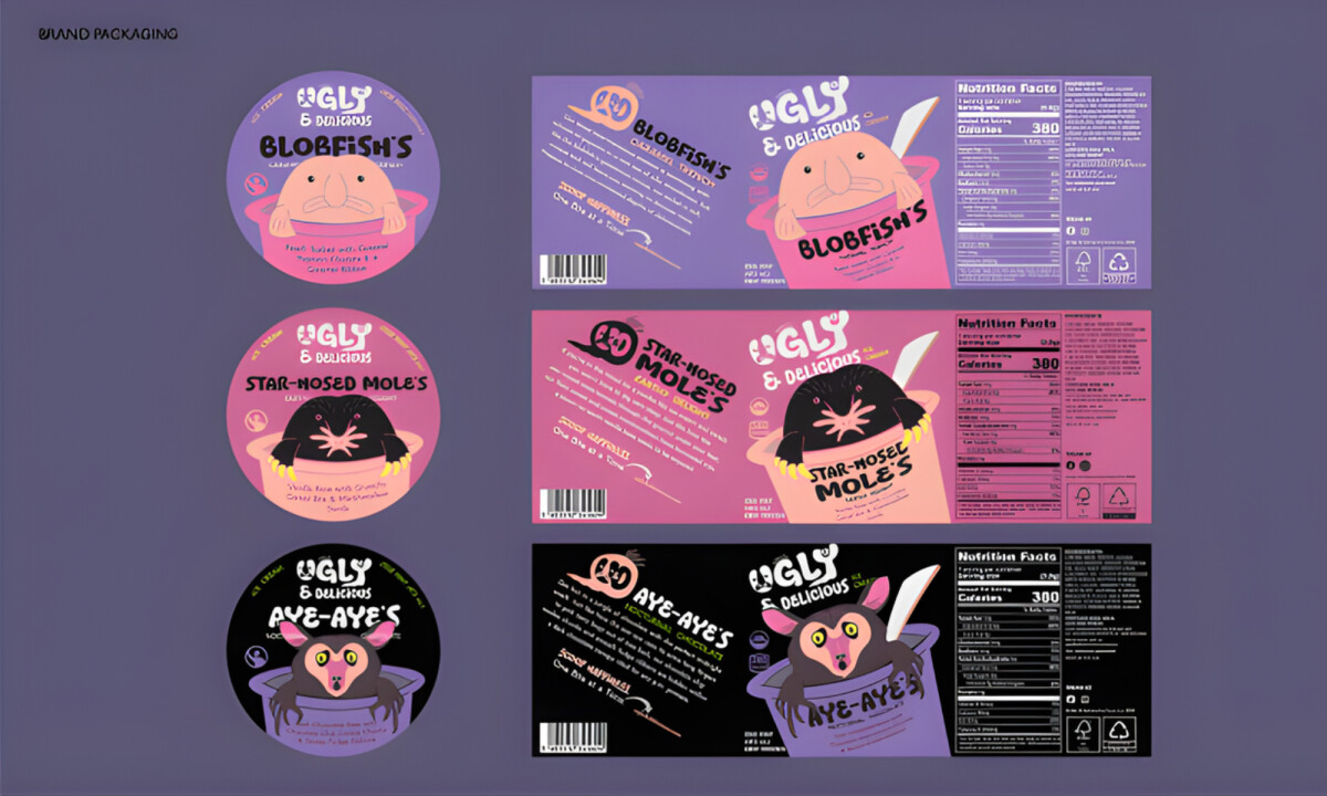 Flavor lineup featuring illustrated characters and contrasting color schemes