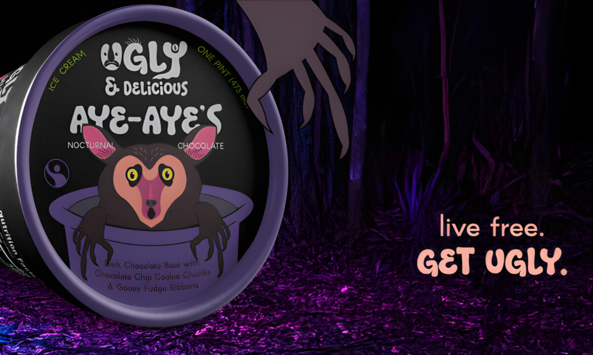 Aye-Aye pint design with dark backdrop and playful “Get Ugly” campaign tagline