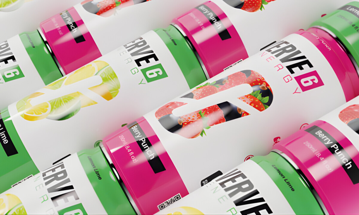 Bright pink and green cans with oversized fruit graphics and bold logo