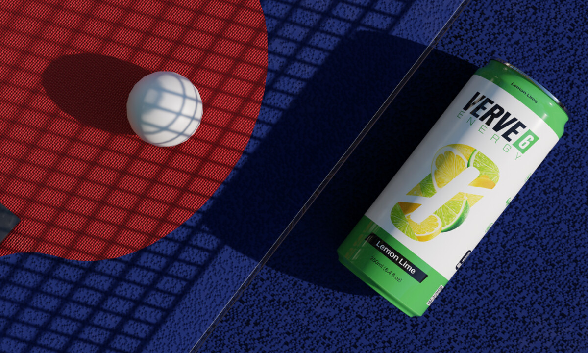Lemon Lime can on tennis court with vibrant citrus imagery