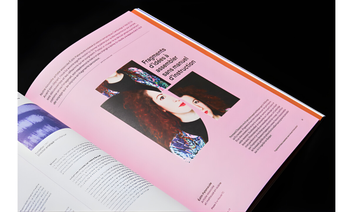 Pink feature spread with fragmented portrait and bold headline