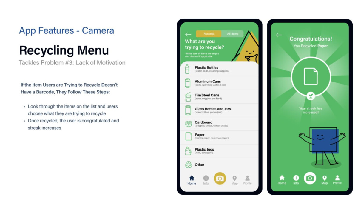 Recycling menu flow with item list and celebration screen