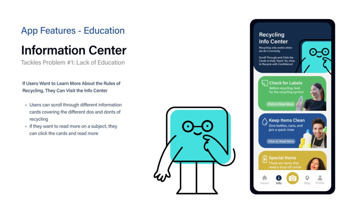 Information center with educational cards and friendly character illustration