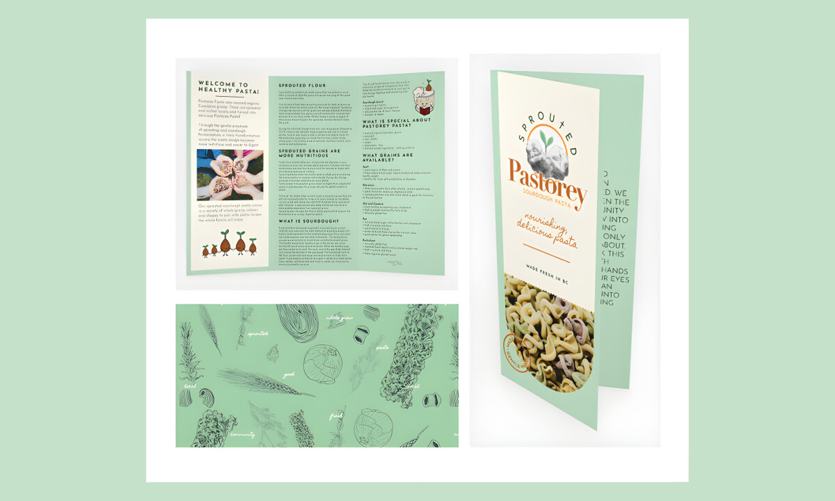 Mint brochure spread with illustrated grains and pasta