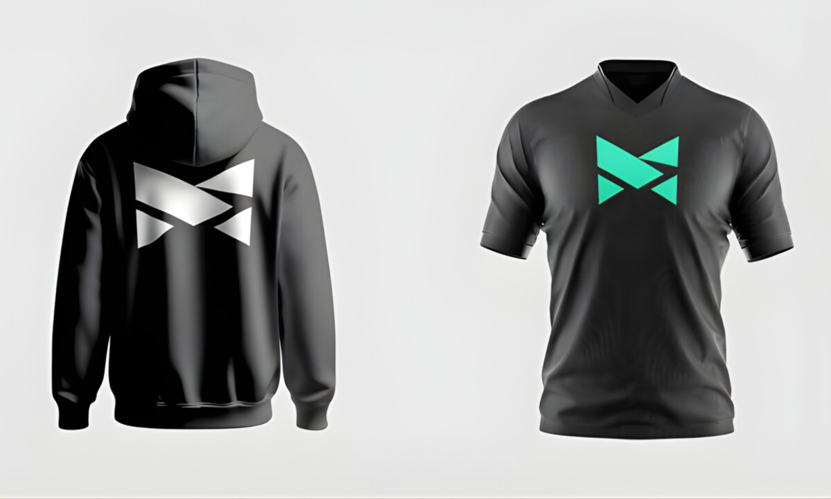 Angular logo applied across black athletic apparel