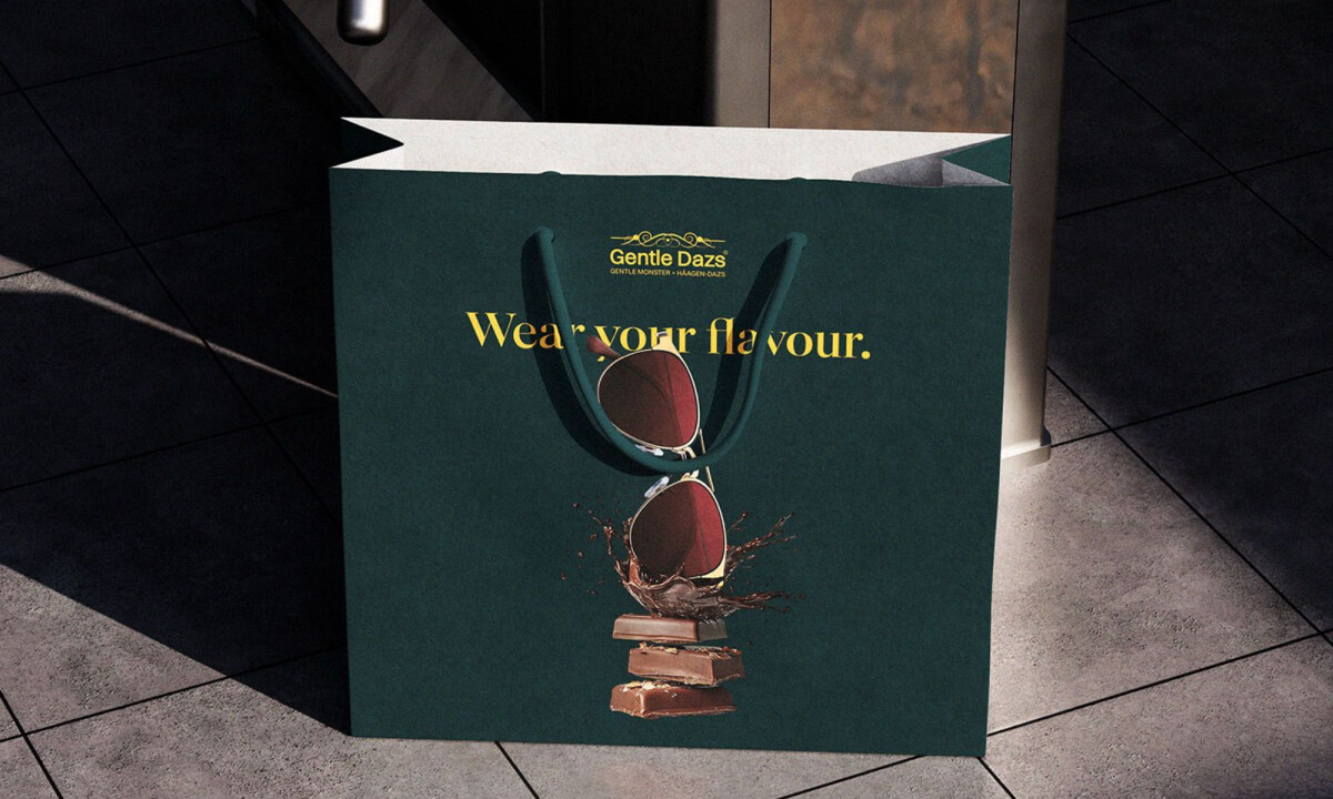 Flavor-inspired eyewear suspended above chocolate splash