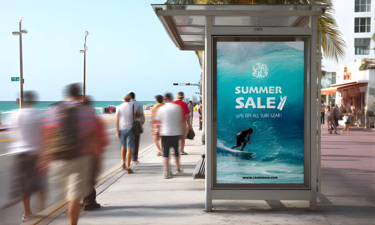 Summer sale billboard with surfer visual