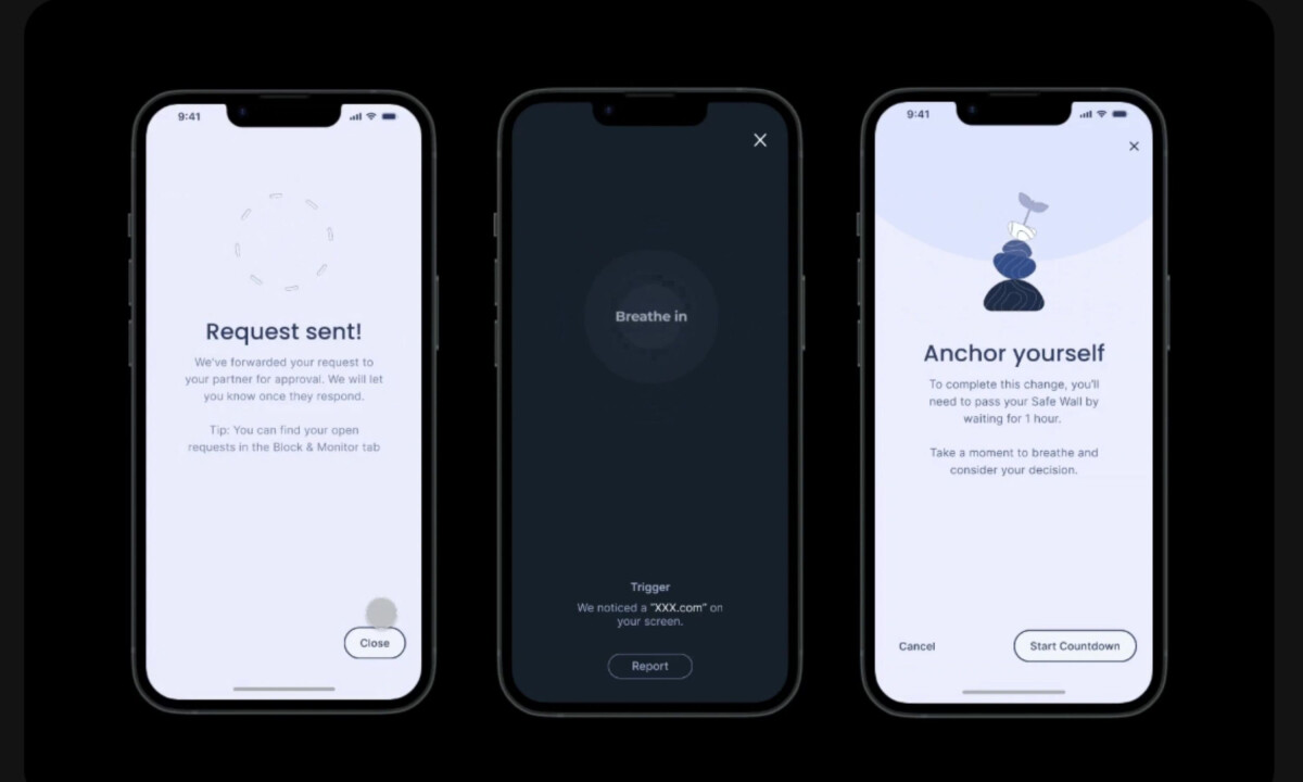 Approval request flow and guided “Anchor Yourself” countdown screen