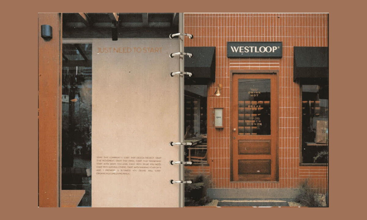 Café storefront signage integrated with warm brick facade