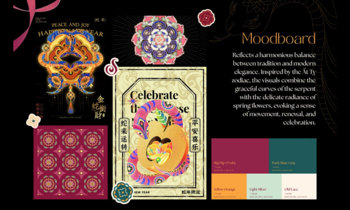 Zodiac serpent motif anchors festive visual system